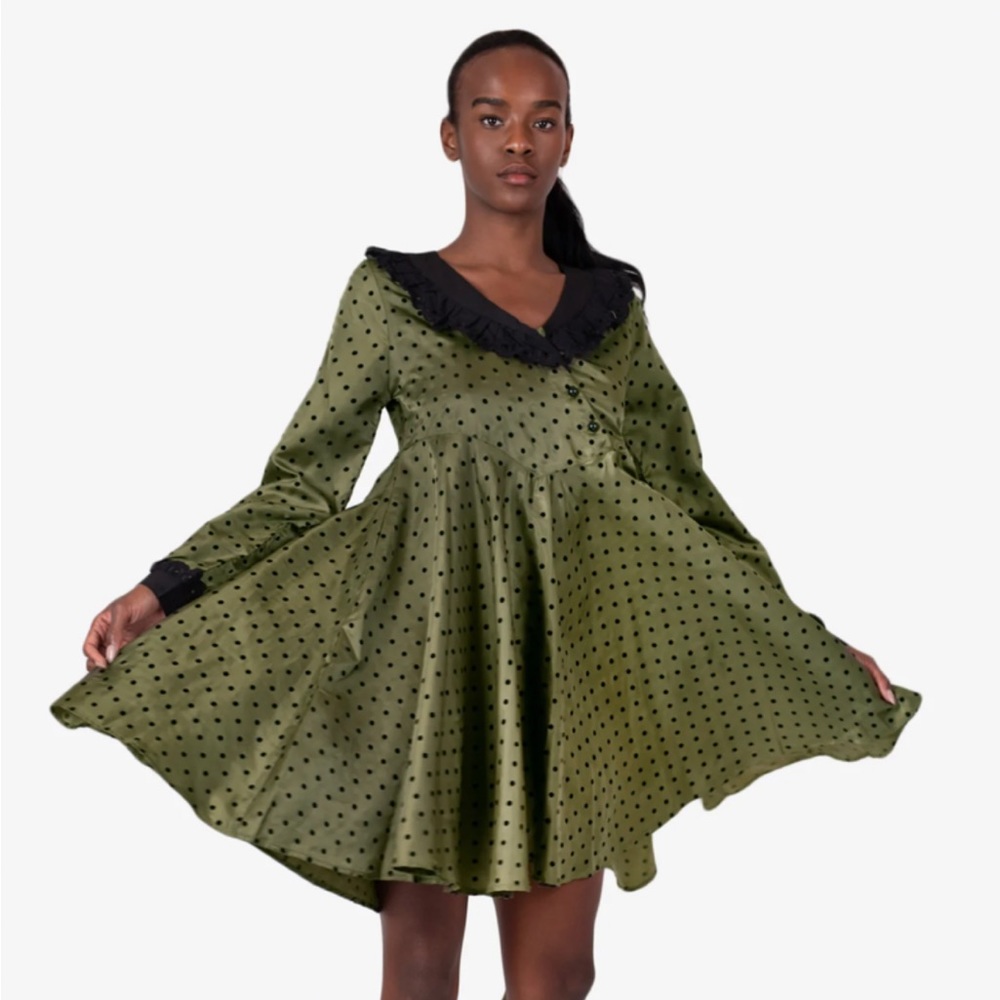 Batsheva Harper Dress in Olive Green Polka Dot NEW WITH TAGS.